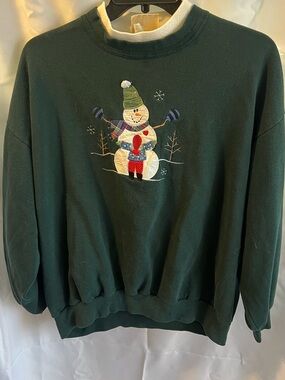 Dark Green Snowman Embroidered Crewneck Sweater - Unbranded